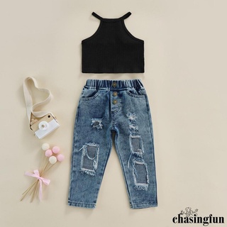 CHF-2Pcs Girls Summer Outfits, Kids Off-Shoulder Sleeveless Tank Tops + Ripped Jeans with Pockets, 18 Months to 6 Years