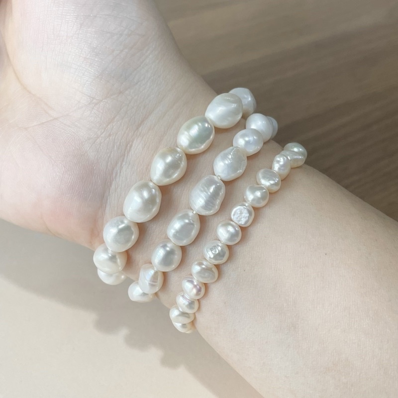 กำไลมุกแท้-สร้อยข้อมือมุกแท้-สีขาว-โอรส-เทา-เอ็นยืด-genuine-white-orange-gray-pearl-elastic-bracelet