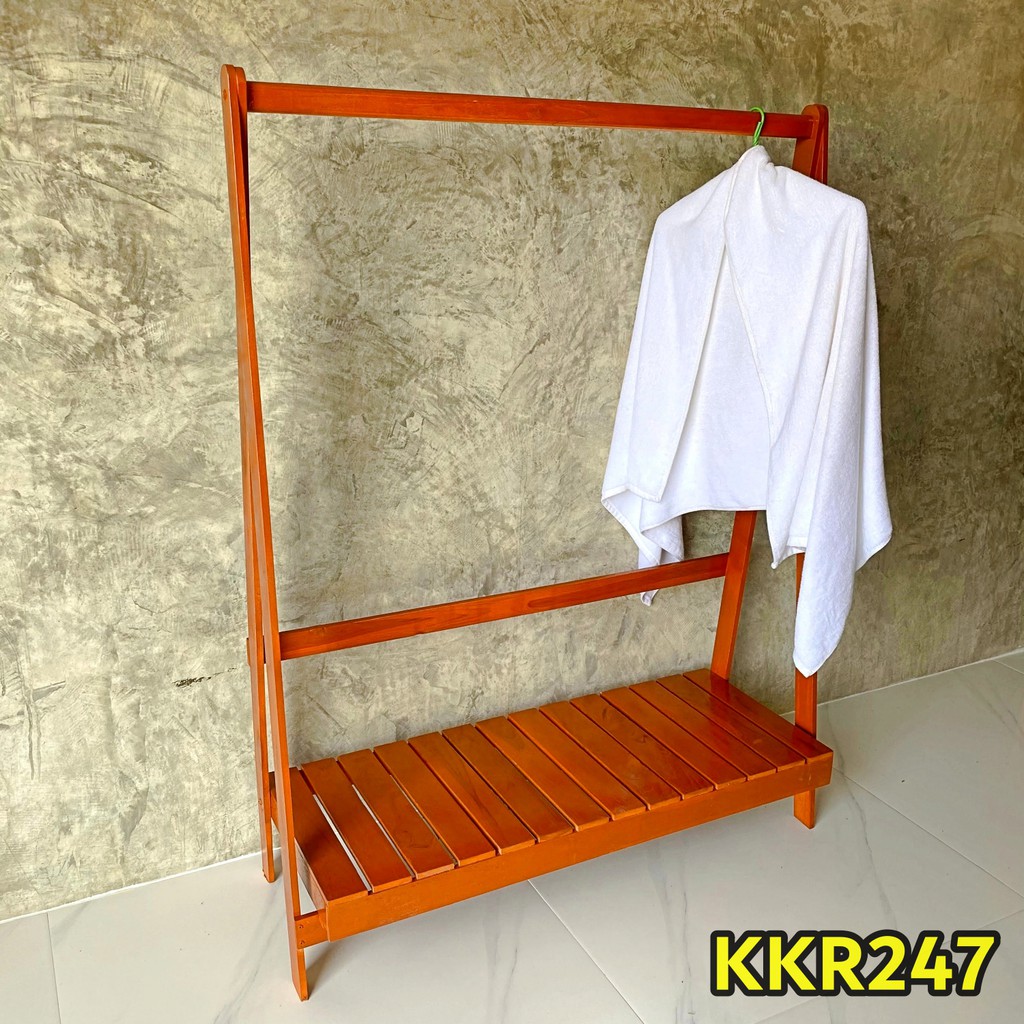 kkr247ราวแขวนผ้า-ที่เก็บเสื้อผ้า-ราวไม้สัก