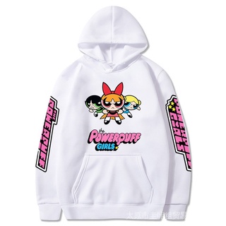 เสื้อกันหนาว แขนยาว มีฮู้ด พิมพ์ลายการ์ตูนอนิเมะ Powerpuff สําหรับผู้ชาย