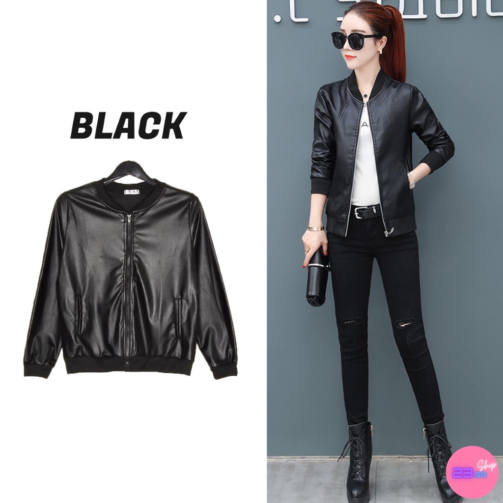 sale80-เสื้อแจ็คเก็ตหนังสีดำ-ซิปหน้าและกระเป๋าหน้า-แขนยาวจั๊ม