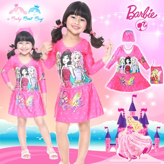 เฉพาะไซส์ XS ชุดว่ายน้ำเด็กผู้หญิง Barbie สีชมพู บอดี้สูทเสื้อแขนยาวกระโปรง มาพร้อมหมวกว่ายน้ำและถุงผ้า