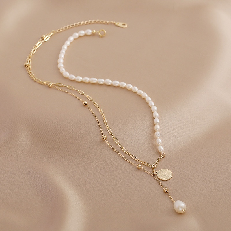 สร้อยคอมุกน้ําจืดธรรมชาติ-ชุบทอง-14k-หลายชั้น-เครื่องประดับแฟชั่น-สําหรับผู้หญิง
