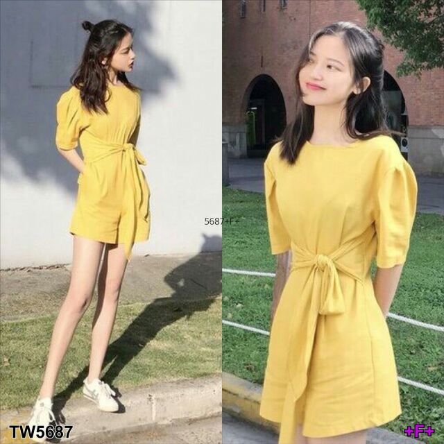 jumpsuit-จั้มสูทขาสั้น-แขนตุ๊กตาผ้าเสิทโทเรสีพื้นเรียบๆ-ข้างเอวเย็บติดผ้าผุกเอว