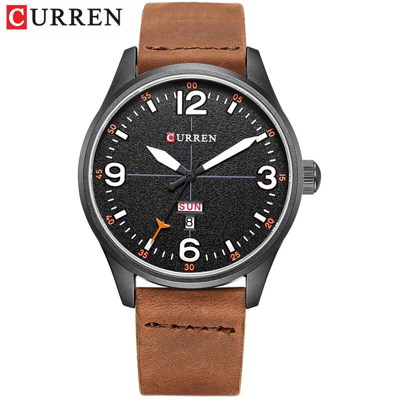 CURREN Luxury Casual Men Watches Army Green Leather Strap Male Clock Display Date Quartz Wristwatch Montre Homme