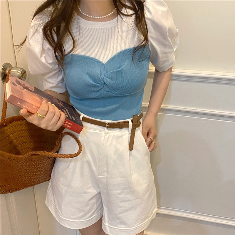 only-girl-พร้อมส่ง-เย็บฤดูร้อนบริสุทธิ์ปรารถนาหวานสาวร้อนแขนสั้นเสื้อยืดผู้หญิงความรู้สึกออกแบบผ้าไหมน้ำแข็งพัฟแขนบาง