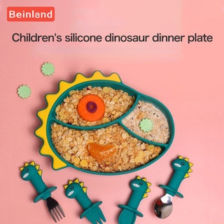 Beinland ชุดจานอาหารค่ำเด็ก จานให้อาหารเด็ก ชามฝึก ช้อนส้อม ช้อนส้อม ไดโนเสาร์การ์ตูน จานรองกันลื่น