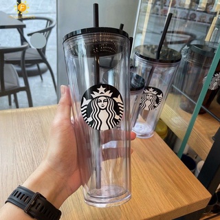 แก้วพลาสติกที่มีฝาปิดนำมาใช้ใหม่ Starbucks แก้วขวดน้ำใสด้วยฟางแก้วกาแฟหนาสองชั้นอินเทรนด์ Starbucks flowerdance