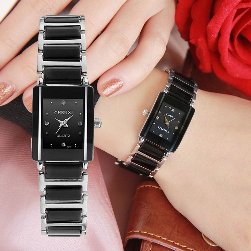 รูปภาพสินค้าแรกของCHENXI นาฬิกาควอตซ์ เซรามิก ประดับเพชร สไตล์มินิมอล หรูหรา สีดำ สำหรับผู้หญิง