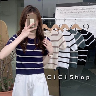 Cicishop(95020)เสื้อแขนสั้นไหมพรม คอกลม ลายทาง ทรงสวย สีมินิมอลน่ารักๆ