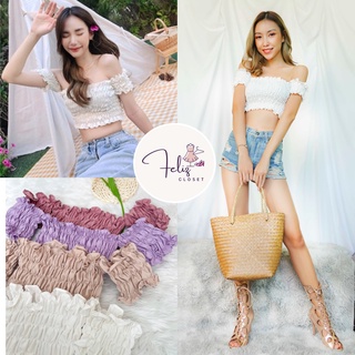 Feliz 🧚‍♀️ no.61 เกาะอกสม๊อคสั้นแขนต่อ เสื้อไปทะเล ชุดเที่ยวคาเฟ่