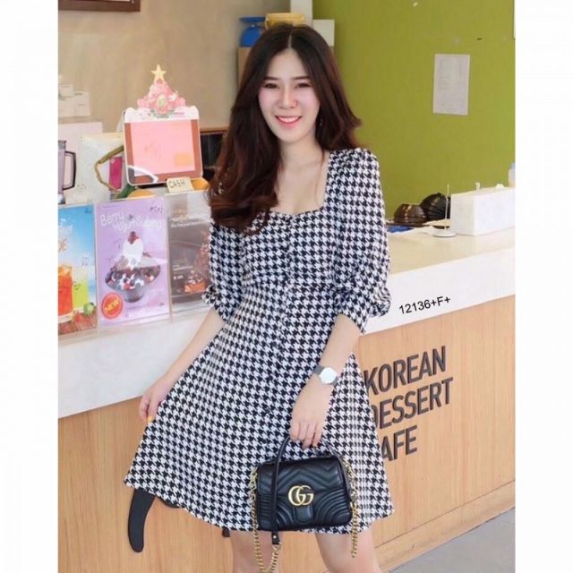 lt-tw12136-gt-dress-เดรสคอเหลี่ยมติดกระดุมหน้า-ผ้าไหมอิตาลี่-พิมพ์ลายชิโนริ-แขน-2-ข้างพองๆ