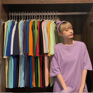 ผ้าฝ้ายแขนสั้นTเสื้อยืดผู้หญิง ใหม่สไตล์เกาหลีสีทึบหลวมinsนักเรียนน้ำคู่ป่าเสื้อคอกลมแขนสั้น