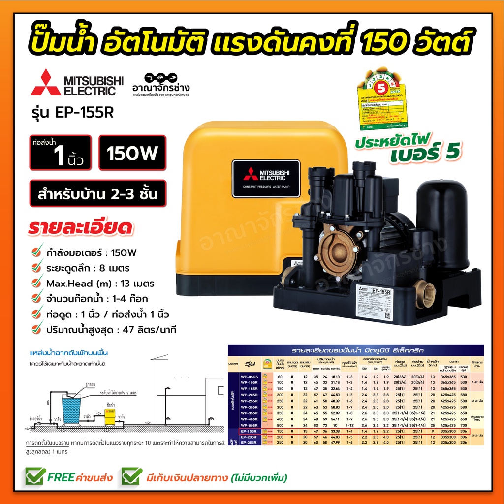 ปั๊มน้ำอัตโนมัติ-แรงดันคงที่-150-วัตต์-มิตซูบิชิ-รุ่น-ep-155r