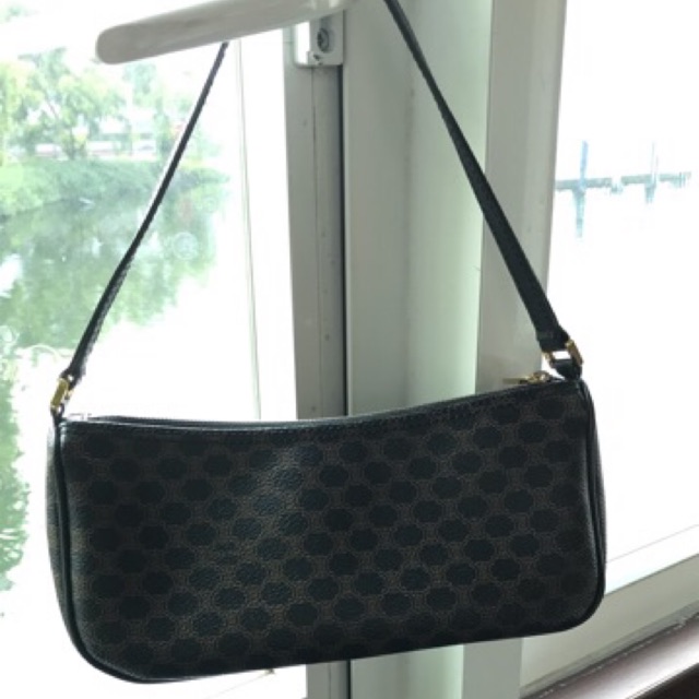 Celine Vintage Mini Pochette Black Monogram Coated Canvas Black Leather  Strap line:0818159320 shopee ไม่ส่งข้อความ