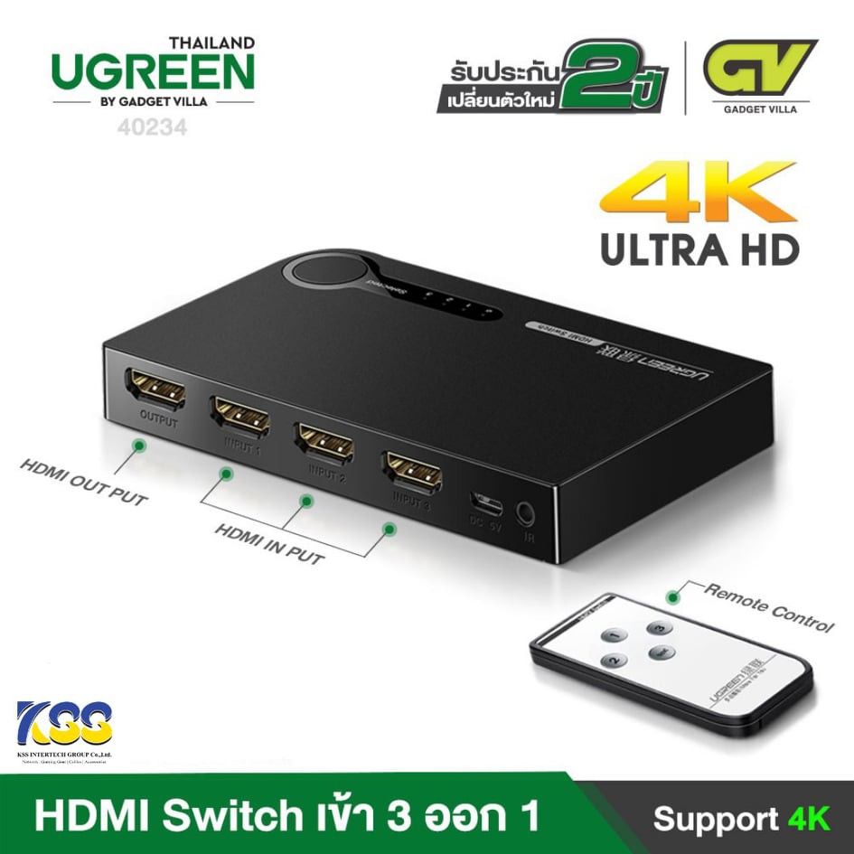 UGREEN 40234 HDMI Switch 4K 3x1 Remote Control Output