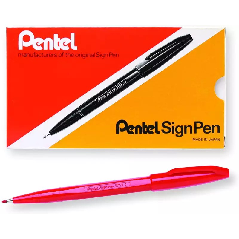 pentel-sign-pen-s520-b-red-ปากกาเมจิก-เพนเทล-ไซน์เพน-หมึกสีแดง-กล่อง-12ด้าม-ขนาดหัว-2-0-มม-ปากกาแบบสวมปลอก