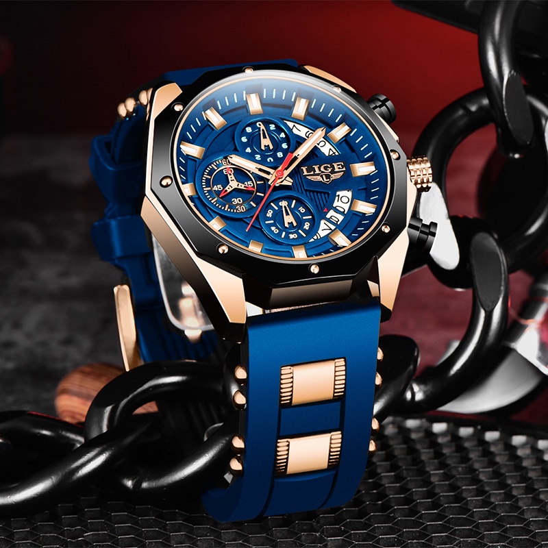 รูปภาพสินค้าแรกของLIGE แบรนด์ใหม่นาฬิกาผู้ชายเดิม แฟชั่นสายรัดซิลิโคน นาฬิกากันน้ำ ตัวชี้เรืองแสงกีฬาโครโนกราฟ+กล่อง