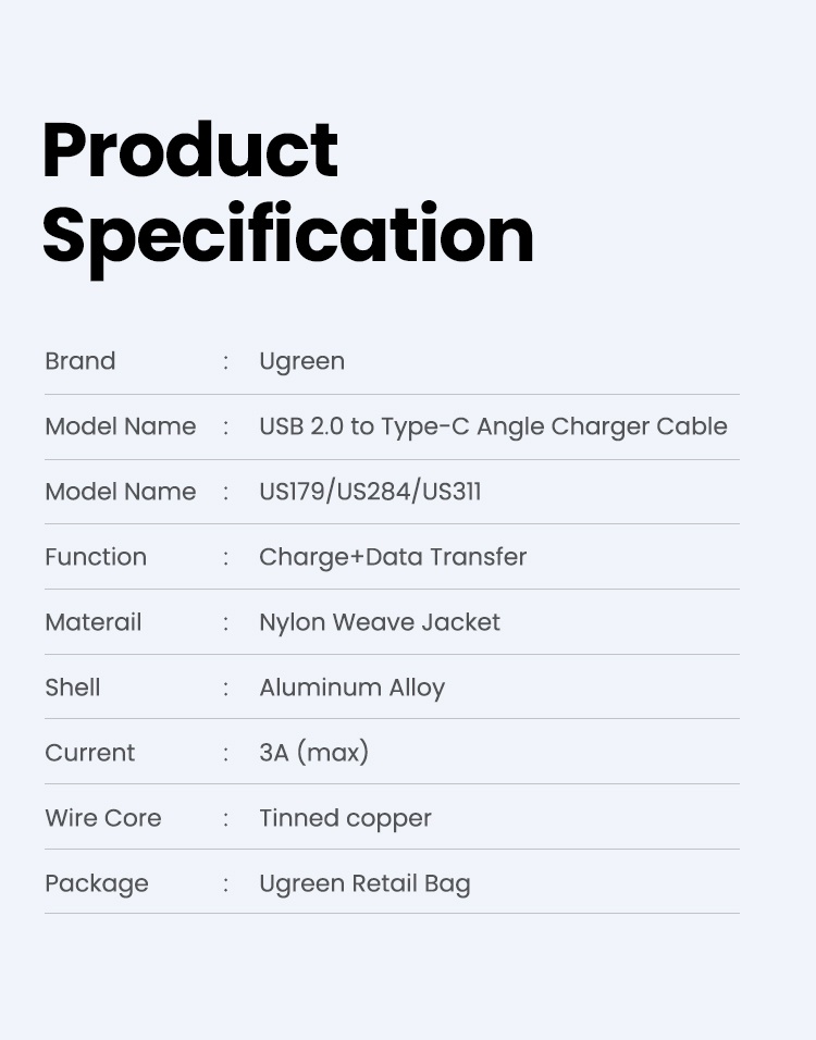 รูปภาพของ Ugreen สายชาร์จ USB C 90 องศา Type C QC ชาร์จเร็ว 2.0 3.0 สําหรับ iPad Pro Samsung Galaxy LG Nintendo