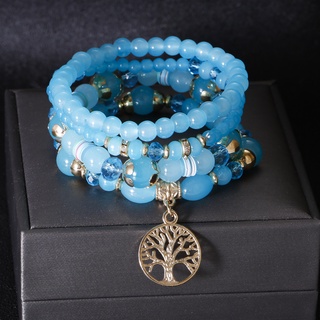 ใหม่ Life Tree สร้อยข้อมือลูกปัดหินสีฟ้า สไตล์โบฮีเมียน สําหรับผู้หญิง