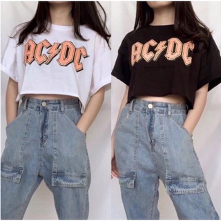 Jeline - เสื้อครอปท็อป โอเวอร์ไซซ์ ACDC - เสื้อยืดเอวลอย สําหรับผู้หญิง