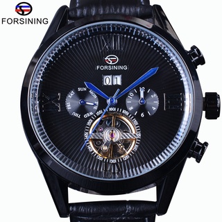 Forsining Black Genuine Leather Blue Hands Steampunk Tourbillion Streamlined Dial Automatic Watch Mens Watches Top Brand