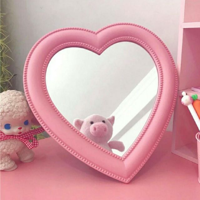 กระจกหัวใจฟรุ้งฟริ้ง-mirror-heart-กระจกรูปหัวใจสีชมพู