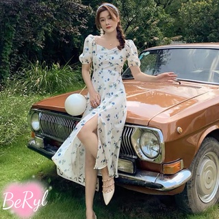 Beryl🌻ใหม่ชุดเดรสยาวสไตล์ฝรั่งเศสย้อนยุคบางเบาขนาดใหญ่คอเหลี่ยมแขนพองเดรสผ่าข้างลายดอกไม้