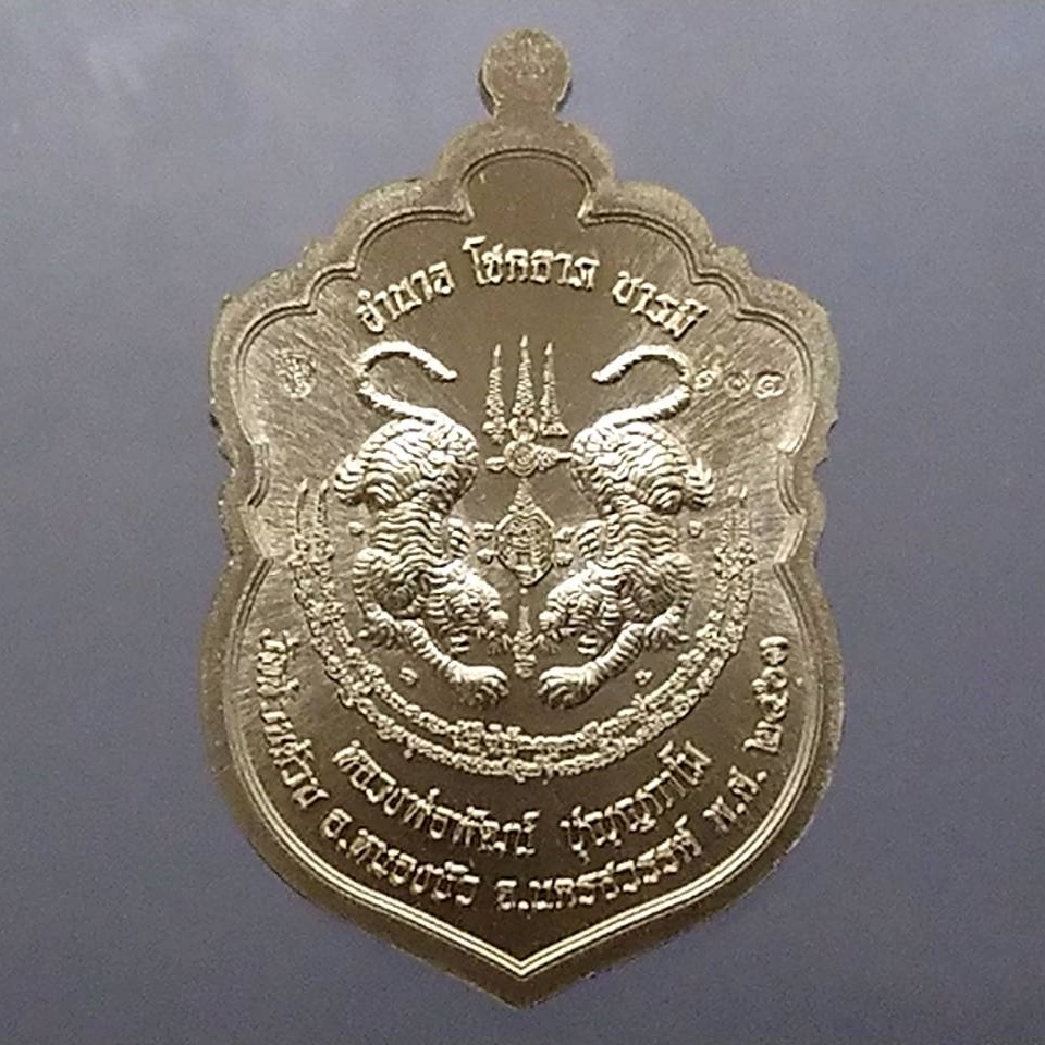 เหรียญเสมาเสือคาบดาบ-รุ่น2-เนื้ออัลปาก้าลงยาลายพราง-ขอบน้ำเงิน-ซุ้มแดงหลวงพ่อพัฒน์-วัดห้วยด้วน-โคท-107