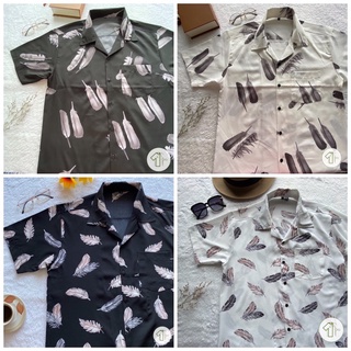 เสื้อลายขนนก S-3XL สไตล์ฮาวาย เชิ้ตแขนสั้น