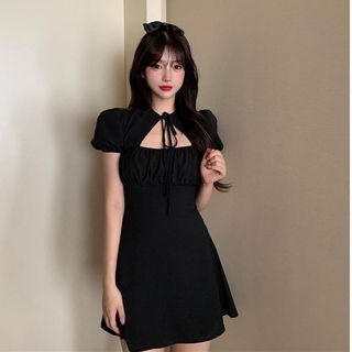 🔥Hot Sale👗 Retro scheming little black dress หญิงฤดูร้อนกระโปรงสั้นสไตล์ Hepburn 2020 ใหม่กระโปรงแขนพัฟชุดฝรั่งเศส