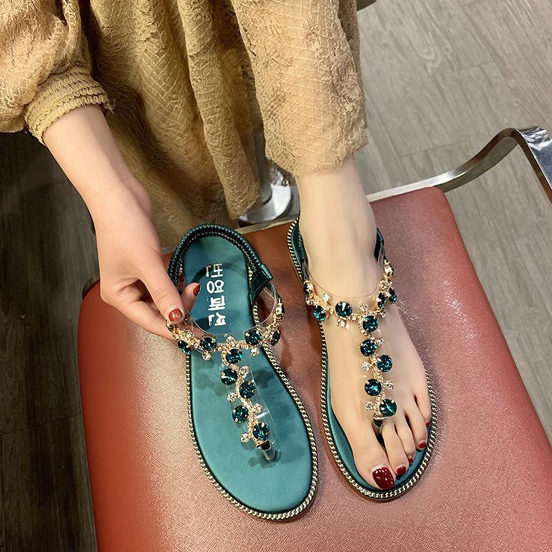 &lt;Promotion&gt;Popular women transparent sandals with rhinestone lady summer beach shoes student Roman shoes travel flat sandals with crystal large size 40