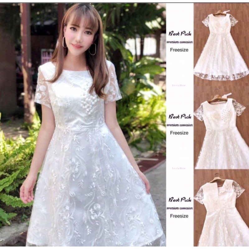 ชุดราตรีสั้น-m-l-dress-เดรสสีขาวผ้าปักลูกไม้สวยหรู-งานป้าย-love-love