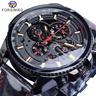 Forsining Black Automatic Speed Racing Men Sports Watch 3 Dials Date Day Shiny Polished Leather Strap Mechanical Relojes