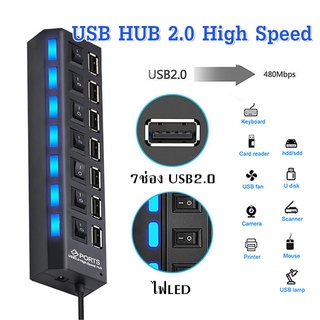 สินค้า USB HUB 2.0 High Speed 7Ports ช่องต่อUSB 7ช่อง อุปกรณ์เพิ่มช่อง USB พร้อมสวิตซ์ ไฟLEDสำหรับคีย์บอร์ด/เมาส์/การ์ดรีดเดอร