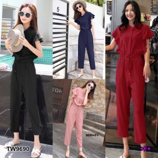 TW9690 Jumpsuit จั้มสูทขายาว แขนกุดแต่งระบาย ผ้าซาร่า เอวยืดสม็อค รูดเชือกผูก ทรงสวย มีกระเป๋าล้วง พร้อมส่ง