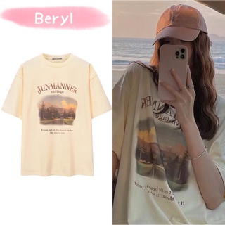 Beryl🌻เสื้อผ้าเกาหลี🌻Oversizeเสื้อยืดแขนสั้นพิมพ์สีครีมสีเหลืองสไตล์เกาหลี