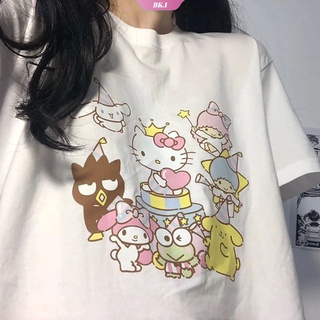 SANRIO เสื้อยืดแขนสั้น พิมพ์ลายการ์ตูน Hello Kitty น่ารัก ทรงหลวม แฟชั่นฤดูร้อน สําหรับผู้หญิง
