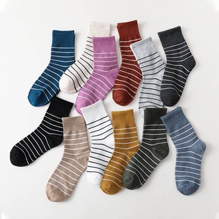 สินค้า Cotton Mid-calf Socks Striped College Style Stocking Breathable and Sweat Absorbent Ladies Stockings