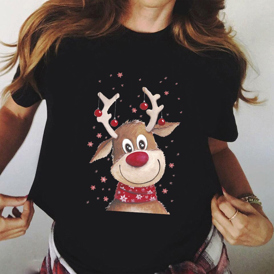 พร้อมส่ง-merry-christmas-t-shirt-women-short-sleeve-holiday-funny-tshirt-santa-reindeer-printed-black-t-shirt