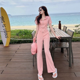 【two piece set】2022 ชุดฤดูร้อนผู้หญิงเกาหลีรุ่น hooded แขนสั้น + เอวสูงบางกางเกงขากว้างกีฬาลำลองผู้หญิง 2 ชิ้น