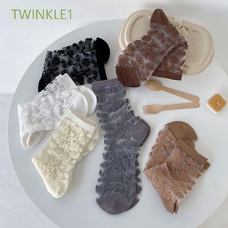 สินค้า Twinkle1 ถุงเท้าผ้าไหมพิมพ์ลายดอกไม้สไตล์วินเทจสําหรับผู้หญิง