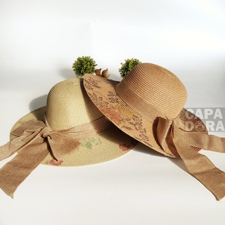 (2สี) หมวก สานปีกกว้าง สกรีนลายดอกไม้ สไตล์วินเทจ ขนาดปีก 10cm (งานสกรีน) Straw hat vintage style wide brim size 10cm