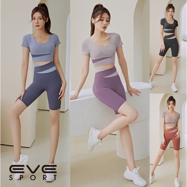 eve-sport-ชุดโยคะทูโทน-ชุดออกกำลังกาย-ชุดฟิตเนส-two-tone-yoga-222-เสื้อแขนสั้น-กางเกง-3-ส่วน