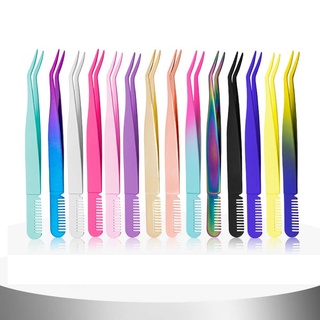 【Ready stock】1PC Stainless Steel Makeup Eyelash Tweezers Colorful  Eyelash Extension Tweezer Comb Brush  Makeup Tools