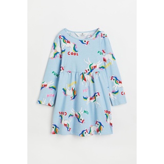 H&amp;M ชุดเด็ก เดรสเด็กผู้หญิง เดรสแขนยาว สีฟ้าอ่อน ลายยูนิคอร์น Long-sleeved dress LIGHT BLUE/UNICORNS