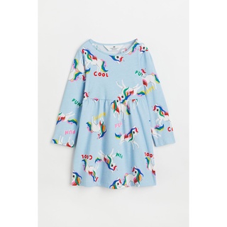 H&amp;M ชุดเด็ก เดรสเด็กผู้หญิง เดรสแขนยาว สีฟ้าอ่อน ลายยูนิคอร์น Long-sleeved dress LIGHT BLUE/UNICORNS