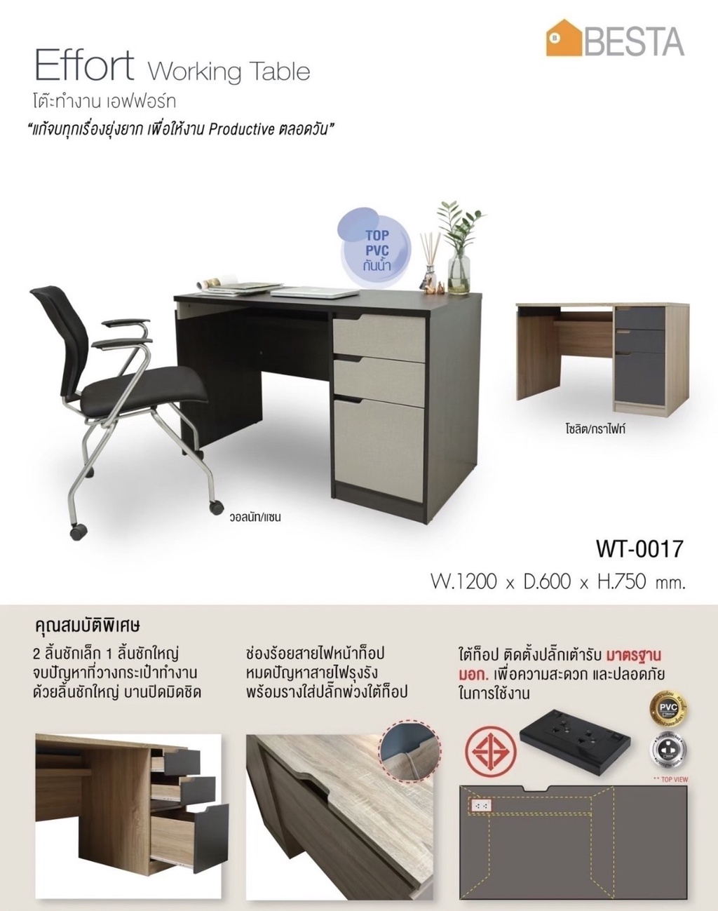 Besta โต๊ะทำงานเอฟฟอร์ท Effort Working Table มี 2 สี หน้าโต๊ะ PVC กัน ...
