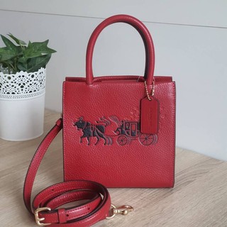 (ผ่อน0%) กระเป๋าสะพายข้าง Coach LUNAR NEW YEAR MINI CALLY CROSSBODY WITH OX AND CARRIAGE C2184 หนังสีแดง ลายรถม้า 6 นิ้ว