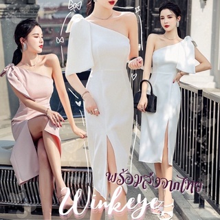 (Dress5-18)พร้อมส่ง Bridesmaid เดรสเพื่อนเจ้าสาว สไตล์เกาหลี เดรสปาดไหล่ข้างเดียว สวย น่ารัก